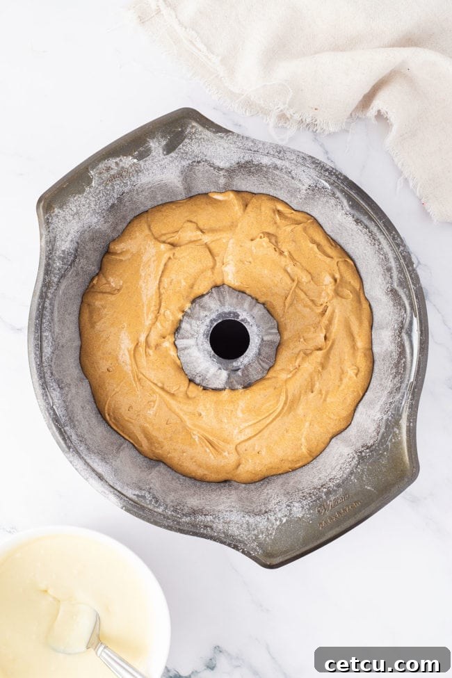 gingerbread cake batter in a bundt pan