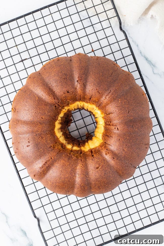 baked bundt cake on a cooling rack