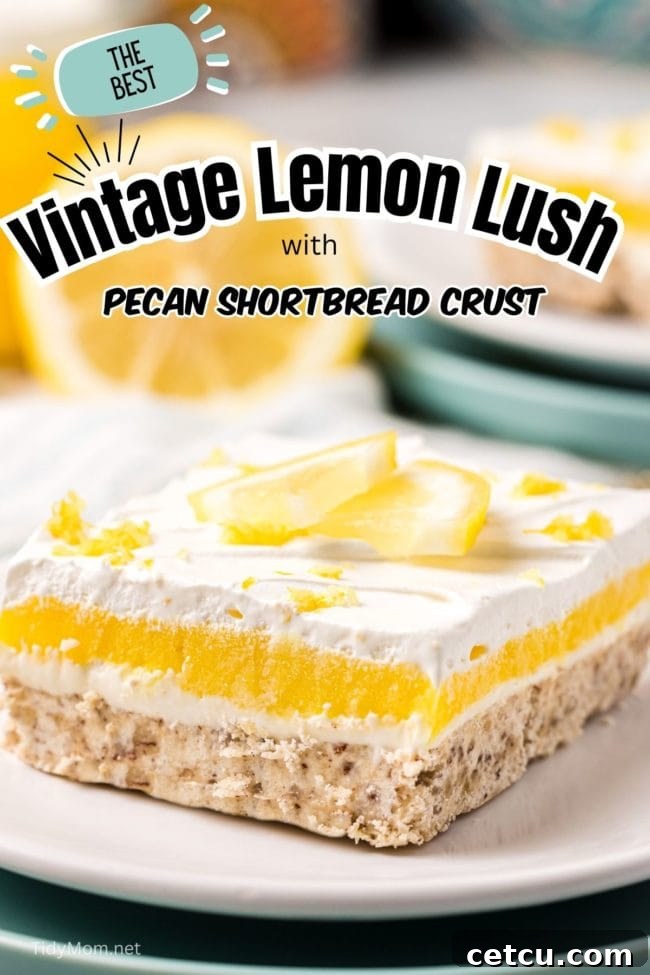 A high-angle shot of a full Lemon Lush dessert in a clear glass baking dish, beautifully showcasing its distinct layers of pecan shortbread crust, creamy white filling, light yellow lemon pudding, and fluffy whipped topping. A sprig of mint and lemon slices adorn the top, suggesting its refreshing quality.