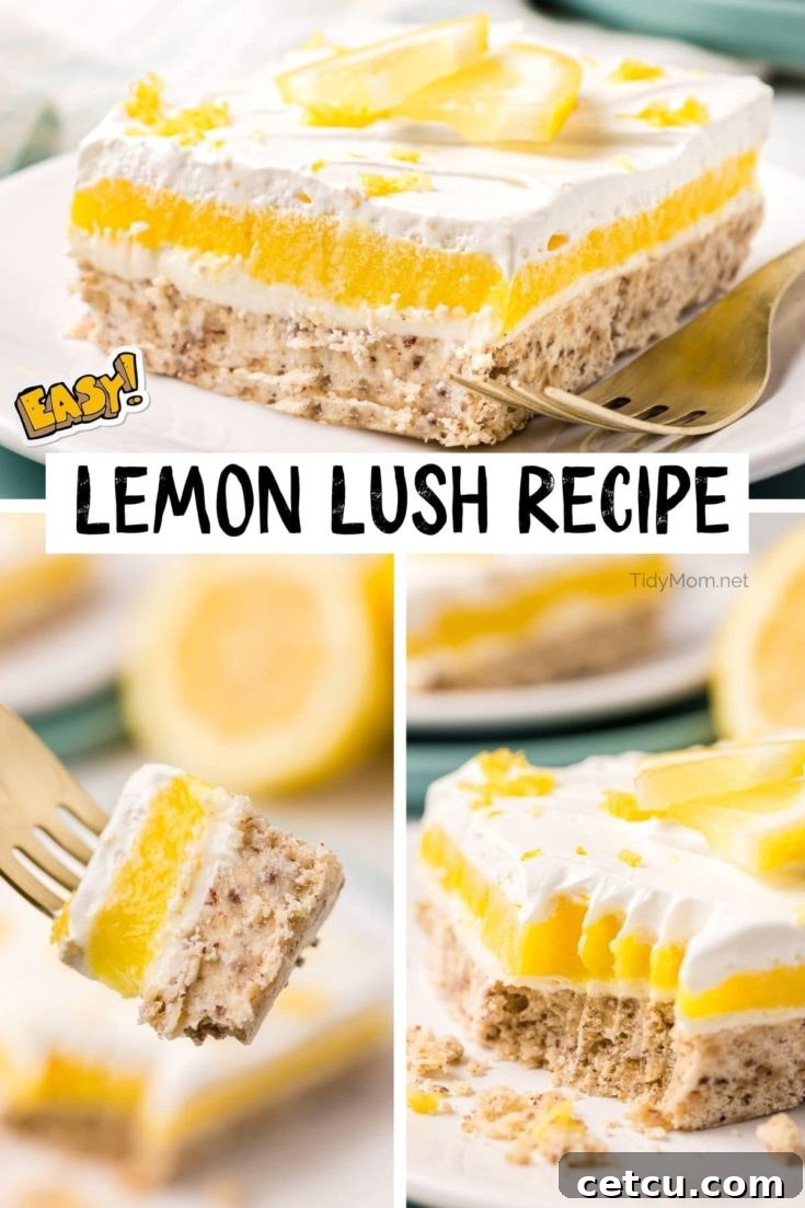 A vibrant close-up of a Lemon Lush dessert slice, showcasing its distinct, creamy layers. The golden pecan shortbread crust, smooth cream cheese, bright lemon pudding, and fluffy Cool Whip are all visible, topped with a delicate lemon slice and fresh mint, emphasizing its refreshing appeal for a Pinterest pin.