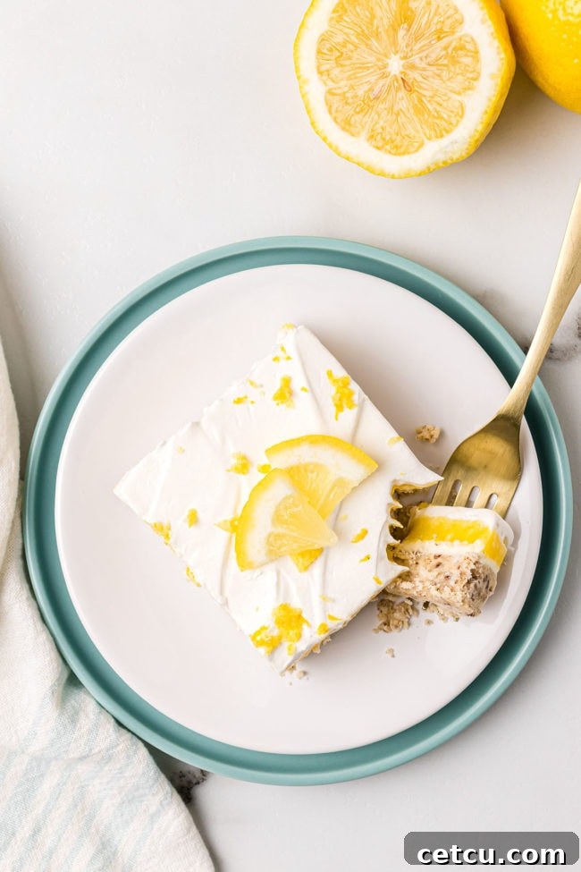 A vibrant flat lay shot of a single serving of Lemon Lush Dessert on a white plate, artfully garnished with a delicate slice of fresh lemon. The light yellow and white layers are distinct and inviting, suggesting a refreshing and perfectly balanced treat.