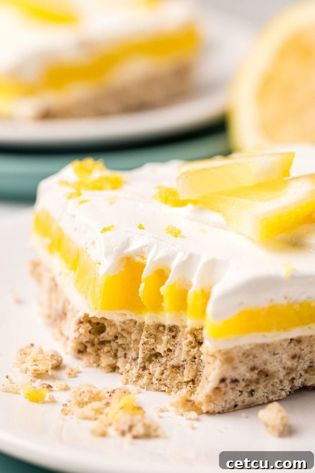 Overhead shot of a full lemon lasagna in a baking dish, beautifully garnished with fresh lemon slices on top, ready for serving. The golden crust and distinct creamy layers are visible.
