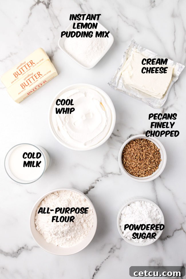A flat lay photograph showcasing all the key ingredients needed to make Lemon Lush dessert artfully arranged on a kitchen counter. This includes flour, butter, pecans, cream cheese, powdered sugar, thawed Cool Whip, instant lemon pudding mix boxes, and a carton of cold milk, providing a clear visual guide for preparation.