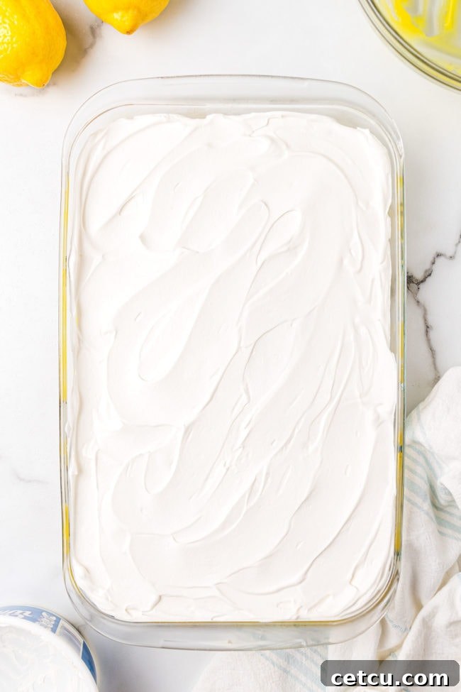 The final, fluffy white layer of Cool Whip spread gently and evenly over the lemon pudding, completing the assembly of the Lemon Lush dessert in a baking dish, ready for chilling.