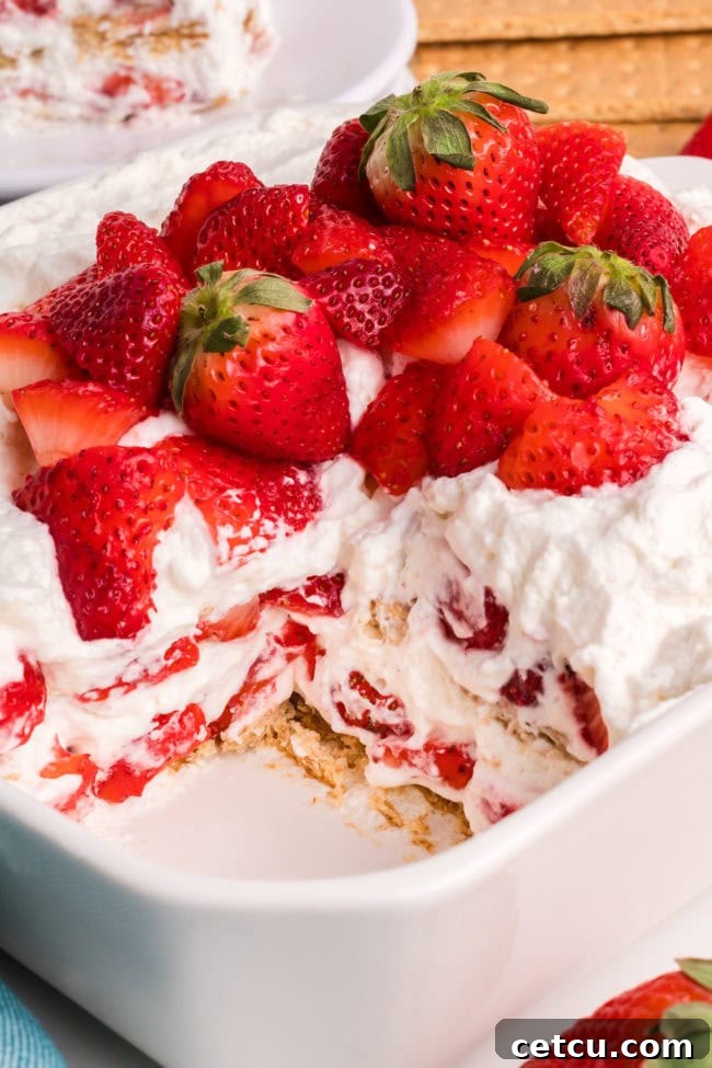 strawberry icebox cake in a white dish