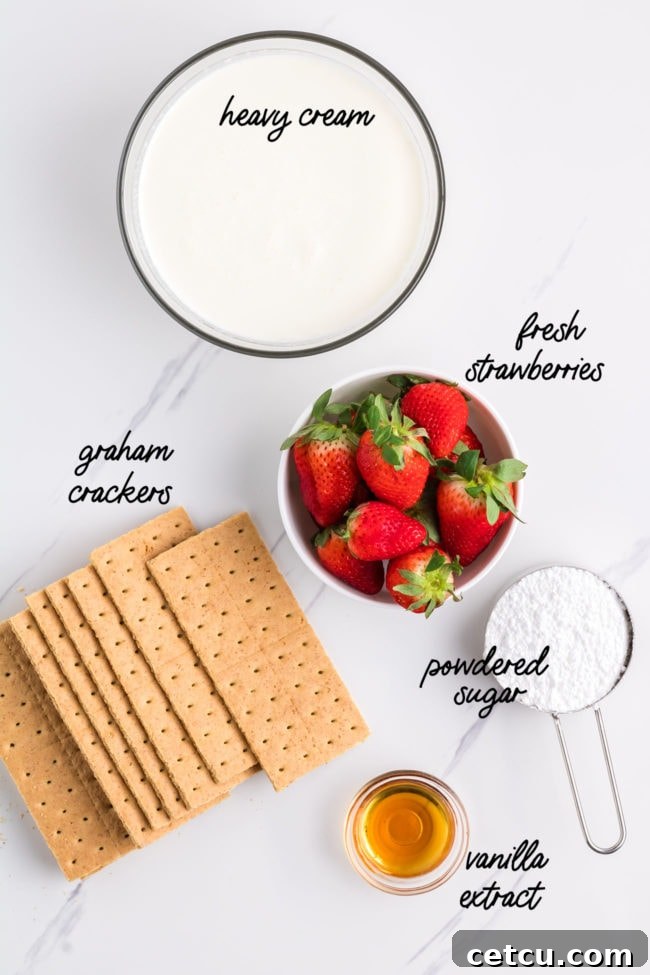 Fresh ingredients for strawberry icebox cake displayed on a kitchen counter, including sliced strawberries, heavy cream, powdered sugar, vanilla, and graham crackers.