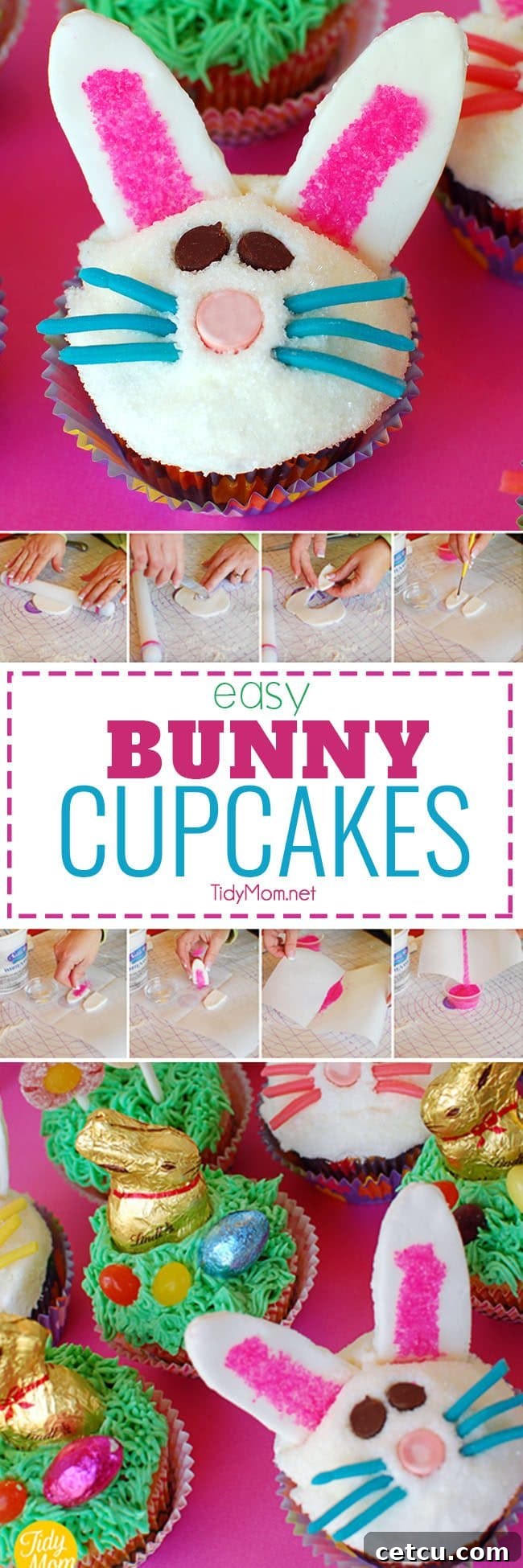 Easy Bunny Cupcakes perfect for Easter. Fondant and sprinkles make the cute ears, while candy make the face and whiskers. Learn how to make these bunny cupcakes.