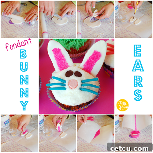 Collage showing steps for making fondant bunny ears for cupcakes