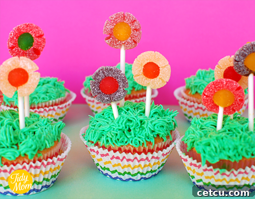Spring flower cupcakes decorated with gummy candies