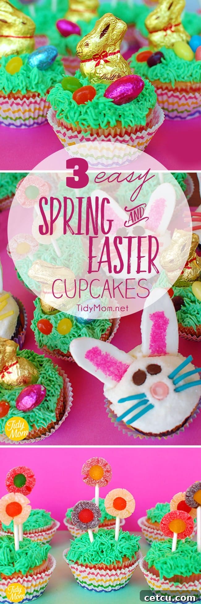 Three easy spring and Easter cupcake ideas featuring bunny, basket, and flower designs