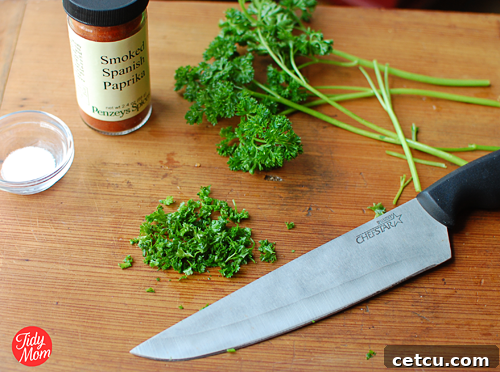 Chopped Parsley Garnish Freshly chopped parsley garnishing the black bean dip