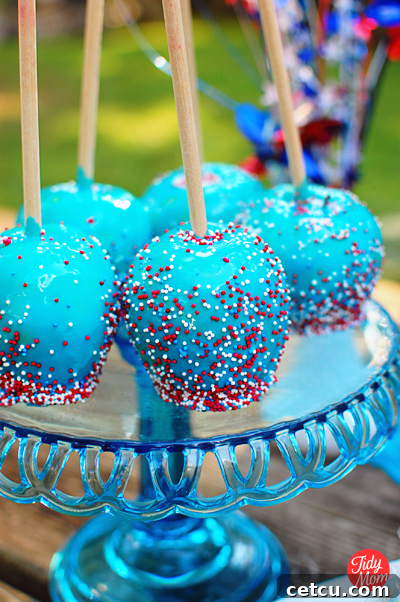 Close-up of a vibrant Red White and Blue Candy Apple