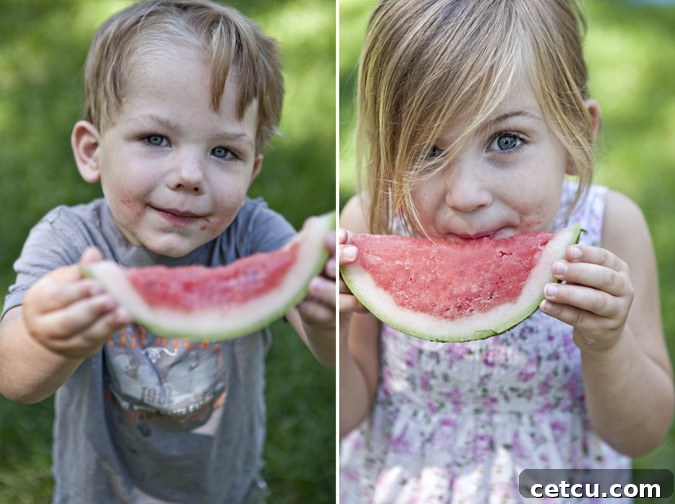 Watermelon Lime Sorbet beautifully served in watermelon rinds, enjoyed by cheerful children.