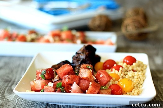 Watermelon, feta, and mint salad, a refreshing sweet and savory summer dish artfully presented.