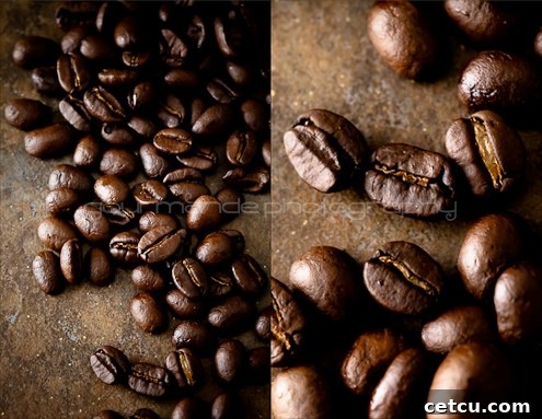 Close-up of roasted coffee beans scattered on a surface