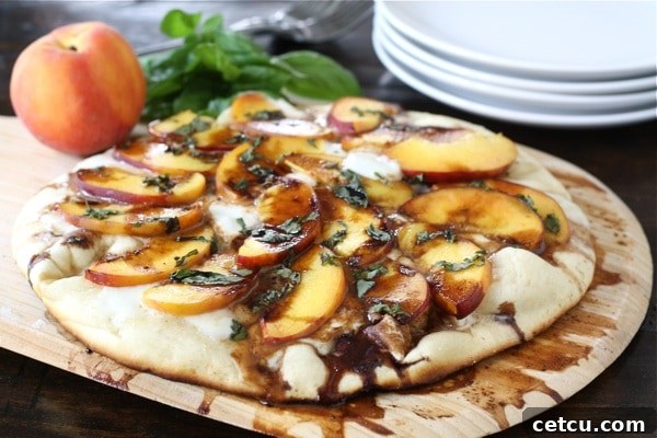 Delicious Peach Basil Mozzarella and Balsamic Pizza, a gourmet summer recipe