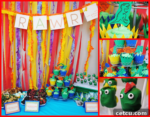 Dinosaur themed birthday party food and decor collage
