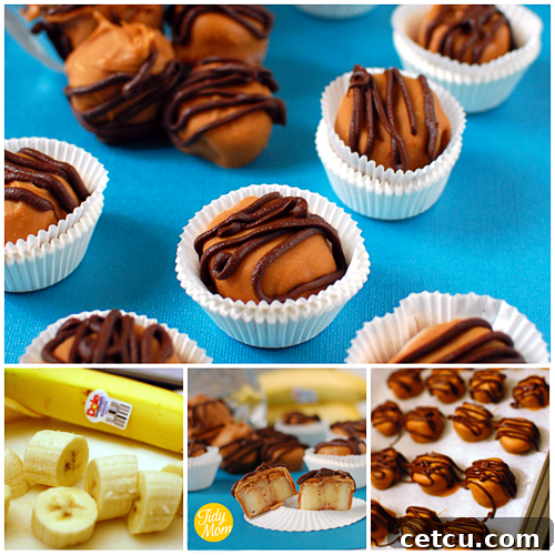 A collage displaying various steps of making Frozen Peanut Butter Banana Bites and the finished product