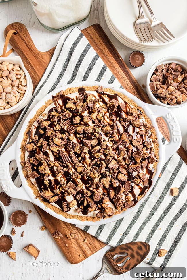 A whole Frozen Peanut Butter Pie resting in a pie dish, ready to be sliced and served.