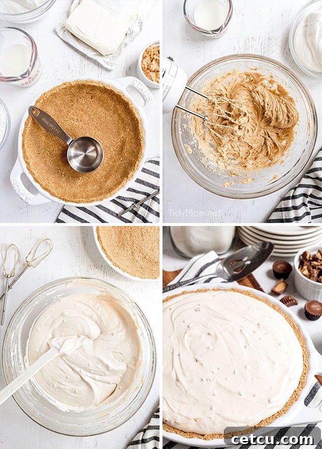 A collage of step-by-step images showing the process of making Frozen Peanut Butter Pie, from mixing ingredients to pouring into the crust.