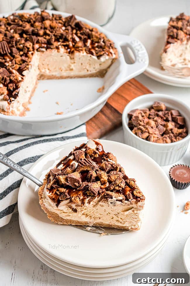 A whole Frozen Peanut Butter Pie in its dish next to a single slice on a white plate, ready for serving.