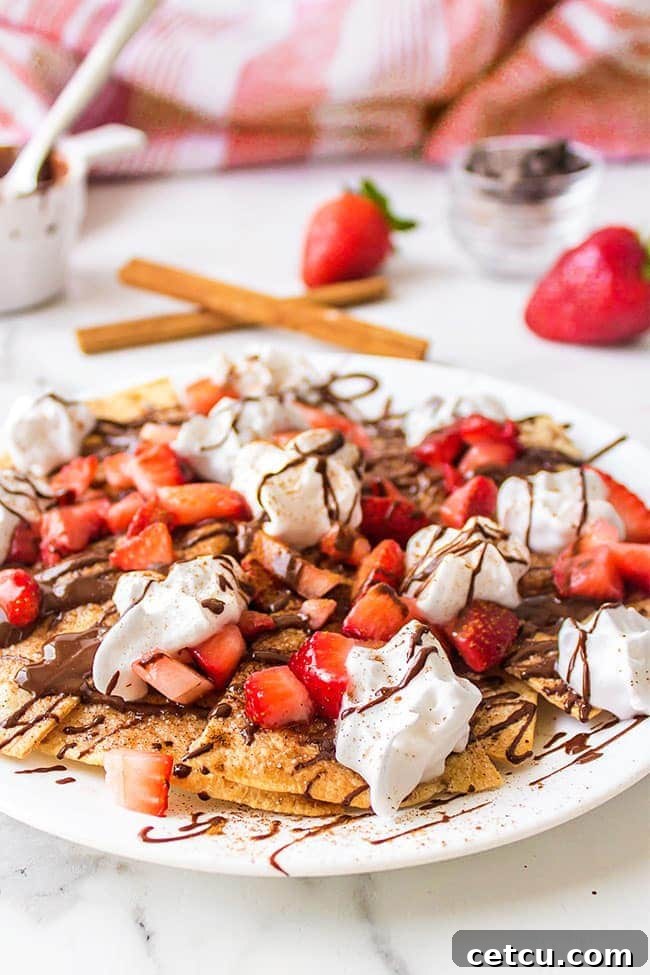 A vibrant plate of Dessert Nachos adorned with fresh strawberries, dark chocolate drizzle, and whipped cream on crunchy cinnamon tortilla chips.