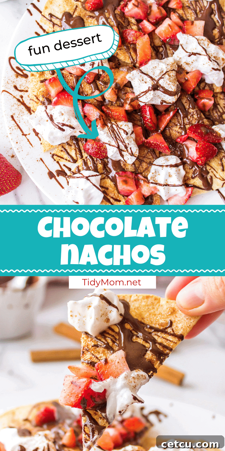 Strawberry and Chocolate Dessert Nachos with homemade baked cinnamon tortilla chips for sharing on Pinterest