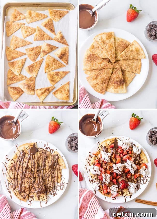 A photo collage showing the step-by-step process of making dessert nachos, from preparing cinnamon sugar tortilla chips to drizzling with chocolate and topping with strawberries.