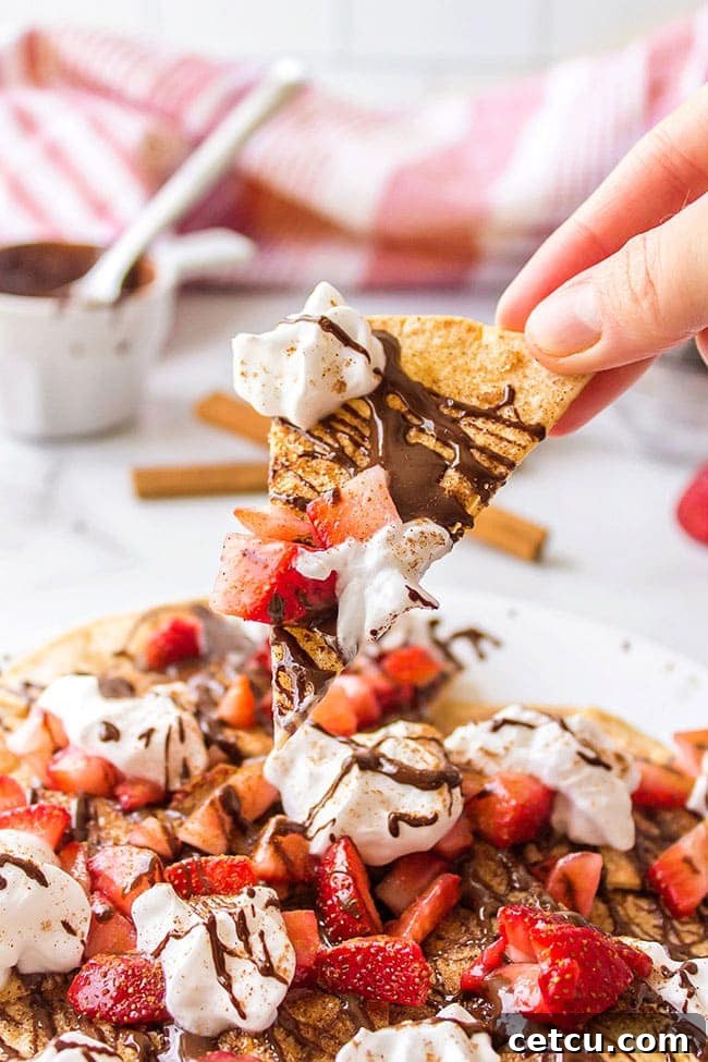A beautifully presented plate of Chocolate Dessert Nachos with fresh strawberries and homemade baked cinnamon tortilla chips, ready to be served.