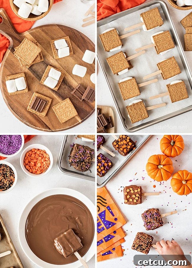 A photo collage illustrating the step-by-step process of making Halloween S'mores Pops.