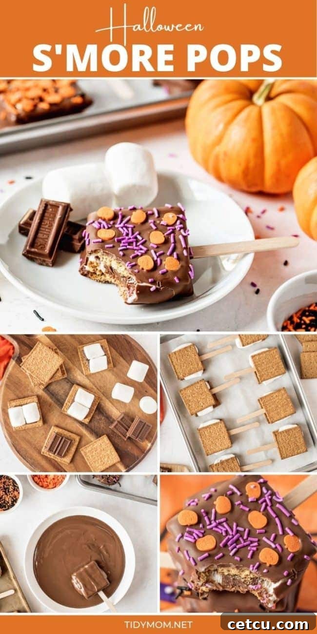 A step-by-step photo collage detailing the creation of Halloween S'mores Pops, perfect for Pinterest.