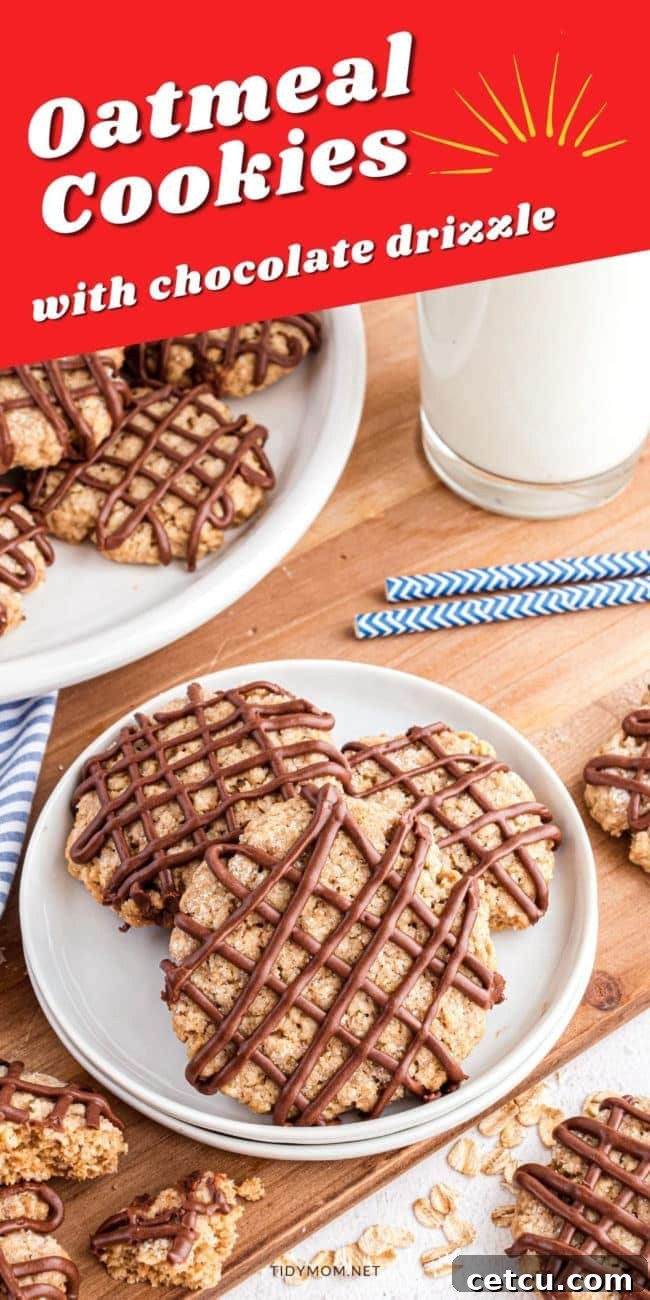 Eggless oatmeal cookies with chocolate drizzle stacked on a plate, next to a glass of cold milk, tempting viewers to indulge.