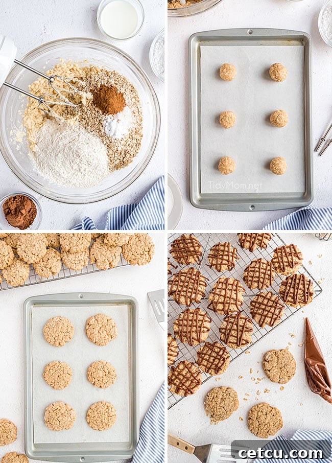 A collage showing the process of mixing ingredients and baking eggless oatmeal cookies, emphasizing ease and enjoyment.