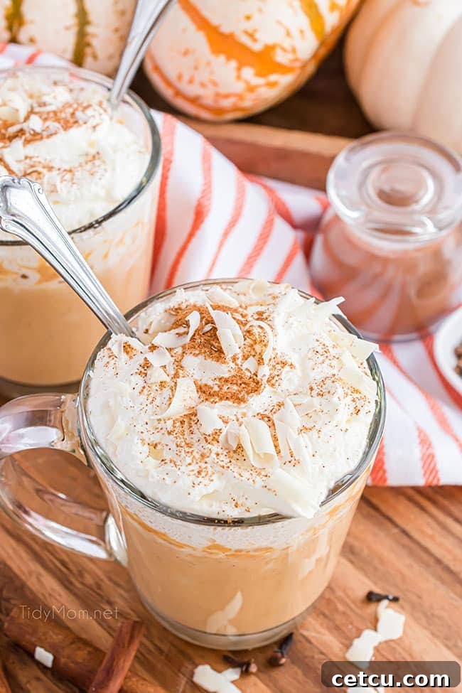 A close-up of a glass mug filled with pumpkin hot chocolate, adorned with whipped cream, and a spoon resting on the rim, evoking a sense of cozy autumn comfort.