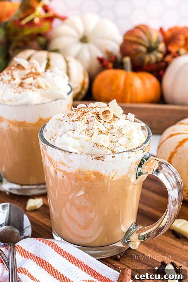 Two mugs of pumpkin spice hot chocolate, topped with whipped cream and a dusting of cinnamon, displayed invitingly on a rustic surface.