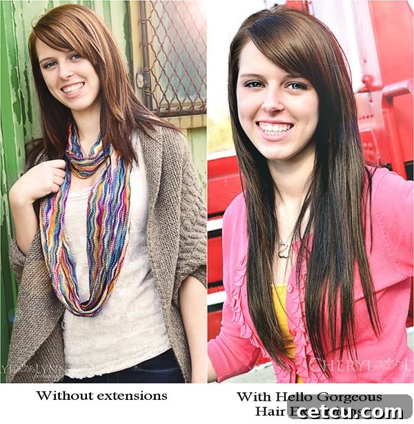 Long and luscious Hello Gorgeous human hair extensions blending perfectly with natural hair.