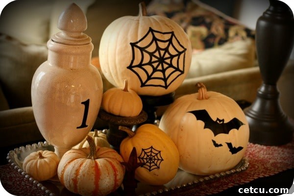 White pumpkins decorated with black vinyl designs for Halloween
