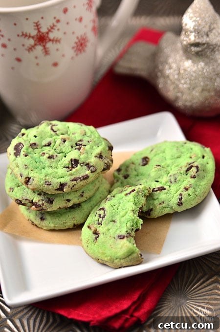 Mint Chocolate Chip Cookies, fresh out of the oven A close-up shot of baked Mint Chocolate Chip Cookies