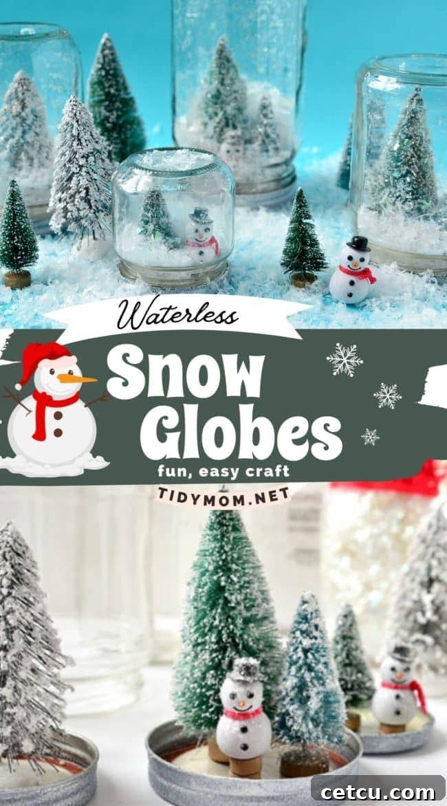 A collage of various easy waterless snow globes, perfect for a Pinterest pin.