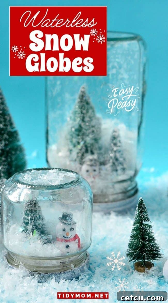 A close-up view of several easy waterless snow globes, highlighting the intricate details within the jars.
