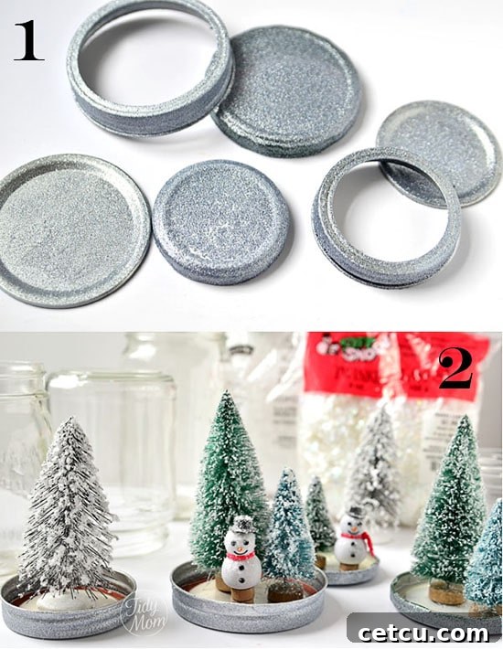 Two images illustrating the initial steps of making waterless snow globes: painting lids and gluing figures.