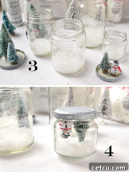 Two images depicting the final steps of assembling waterless snow globes: adding snow and screwing on the lid.