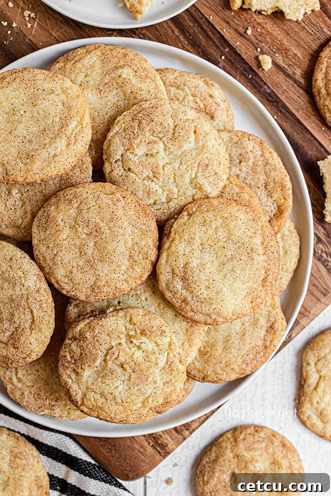 A delectable pile of perfectly baked snickerdoodles arranged on a plate, ready to be enjoyed.