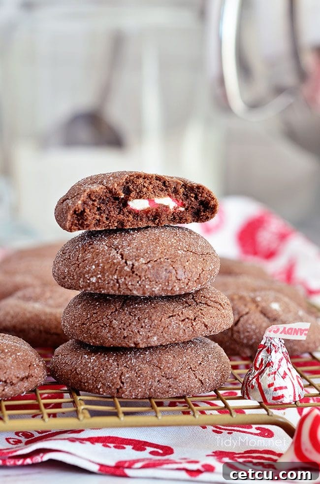 Super soft chocolate cookies hold a peppermint kiss in the center in these Peppermint Surprise Crinkle Cookies, a delightful holiday treat.