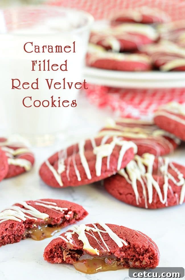 Your favorite sugar cookie dough is quickly transformed into gorgeous red velvet cookies stuffed with a caramel surprise and topped with a drizzle of white chocolate. This easy recipe is available at TidyMom.net.