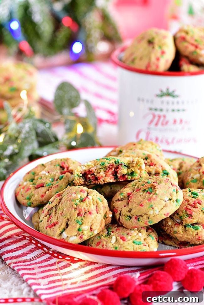 Delicious Soft-Baked Christmas Sprinkle Cookies arranged on a festive Christmas plate, ready for holiday enjoyment.