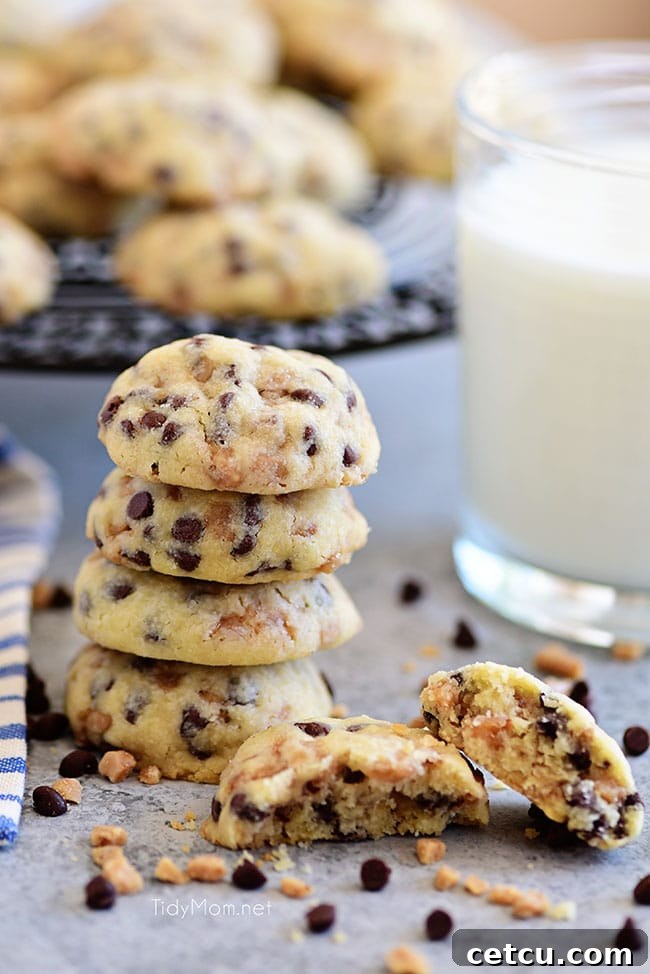 A delectable stack of Toffee Chocolate Chip Shortbread Cookies, showcasing their rich texture and inviting appearance.