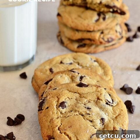 Stack of the best chocolate chip cookies, golden brown and perfectly chewy.