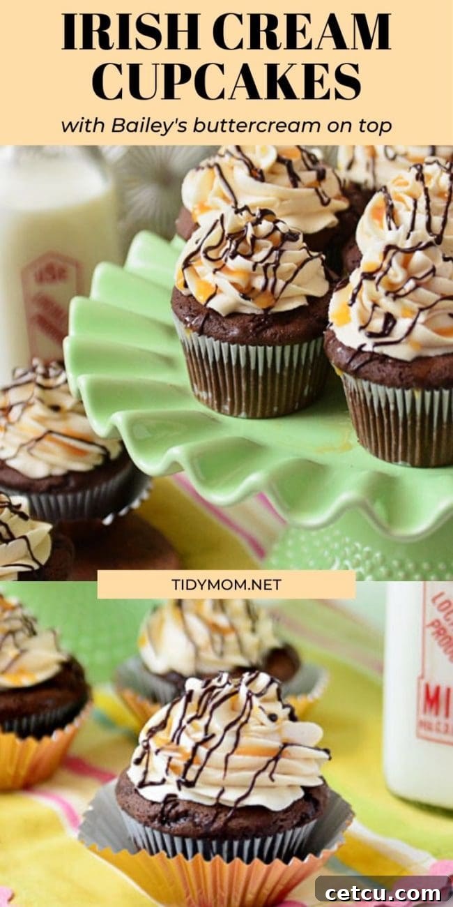 A stunning arrangement of Baileys Irish Cream Cupcakes featuring chocolate cake, caramel ganache, and creamy frosting.