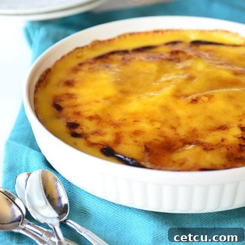 Beautifully caramelized Banana Creme Brulee in a ramekin